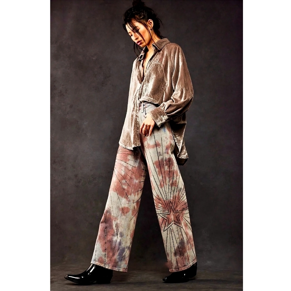 Free People We The Free Aurora Tie Dye Star Mid Rise Straight Leg Denim Jeans